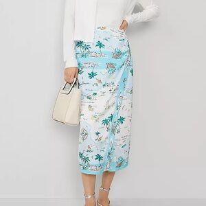 Ann Taylor White and Blue Patterned Map Print Faux Wrap Skirt Size 14.